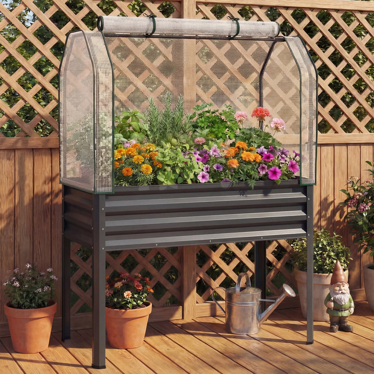 Galvanized Raised Garden Bed with Greenhouse Cover - Gray