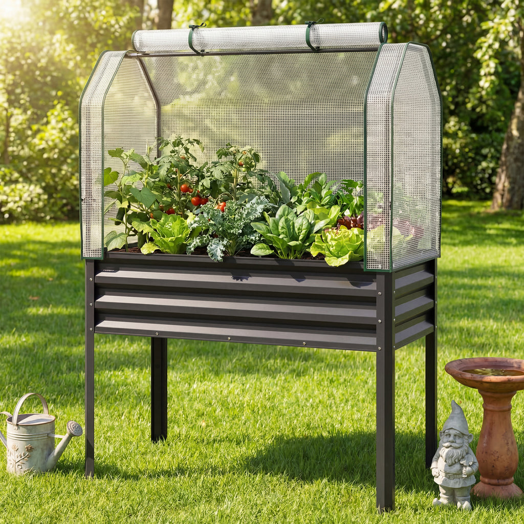 Galvanized Raised Garden Bed with Greenhouse Cover - Gray
