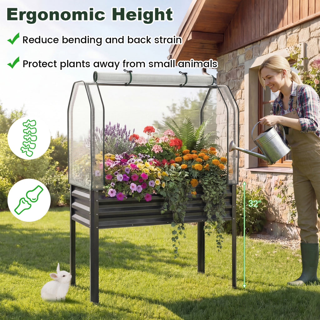 Galvanized Raised Garden Bed with Greenhouse Cover - Gray