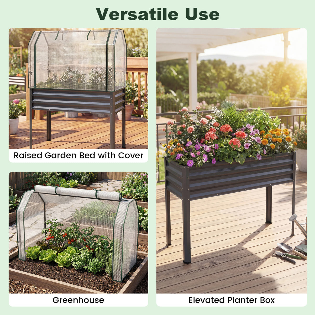 Galvanized Raised Garden Bed with Greenhouse Cover - Gray