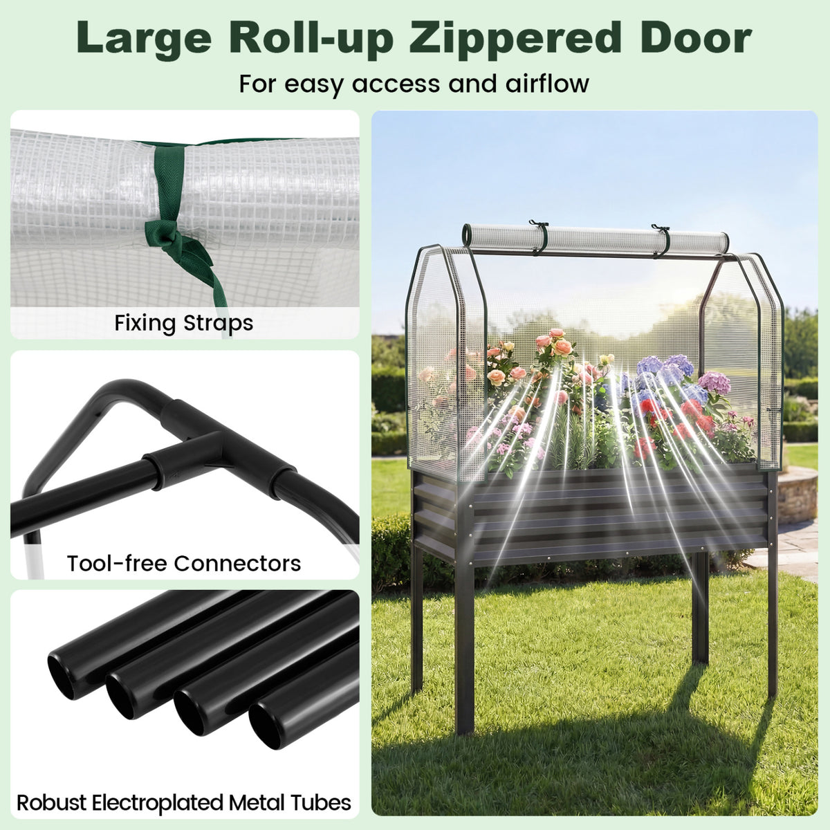 Galvanized Raised Garden Bed with Greenhouse Cover - Gray