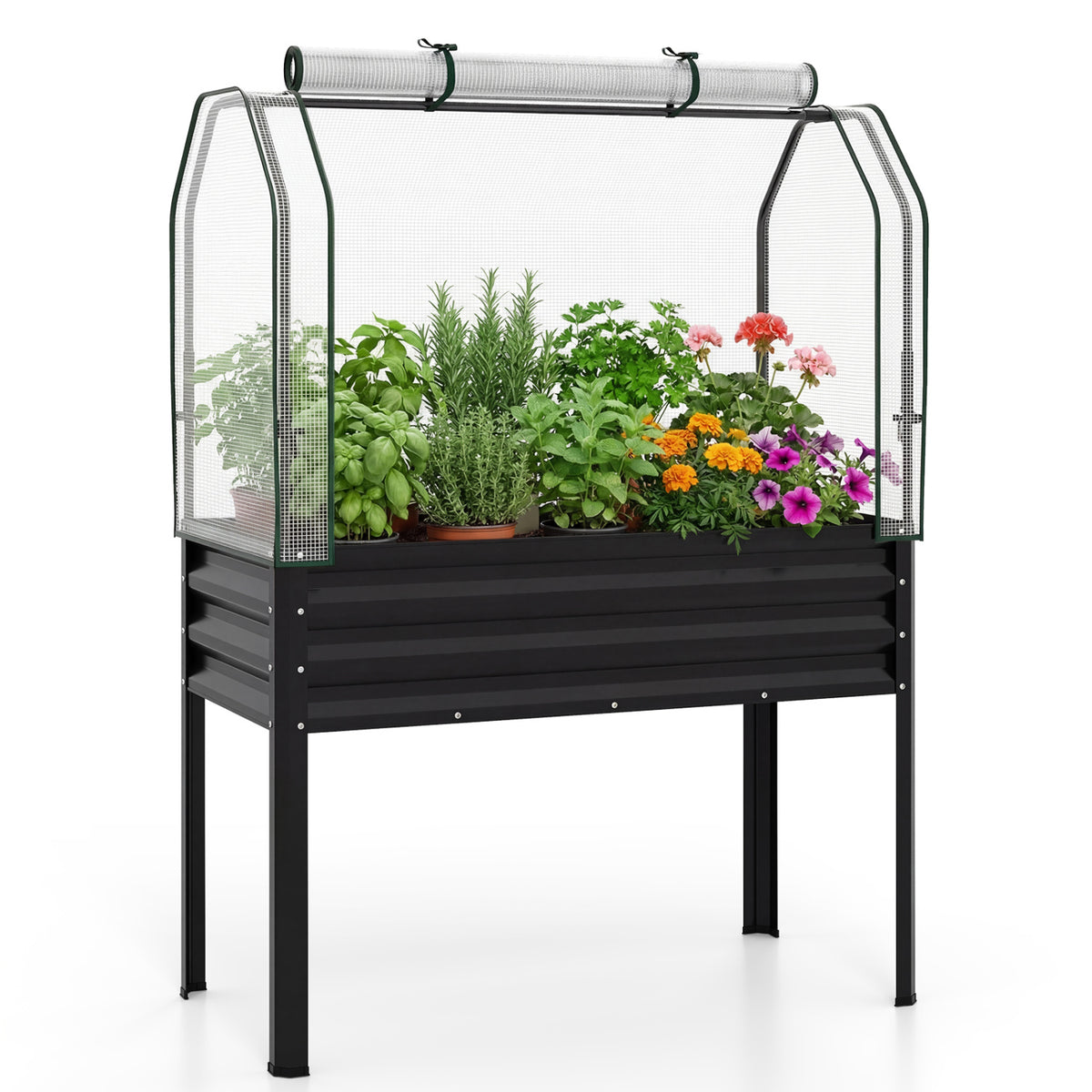 Galvanized Raised Garden Bed with Greenhouse Cover - Black
