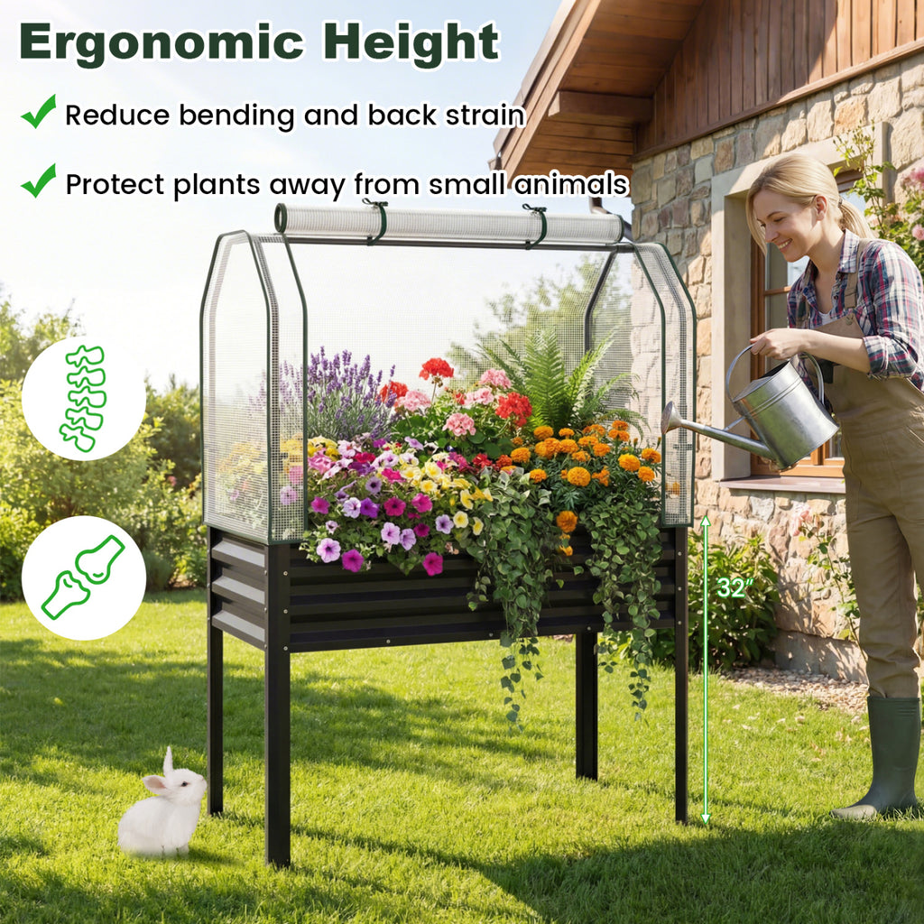 Galvanized Raised Garden Bed with Greenhouse Cover - Black