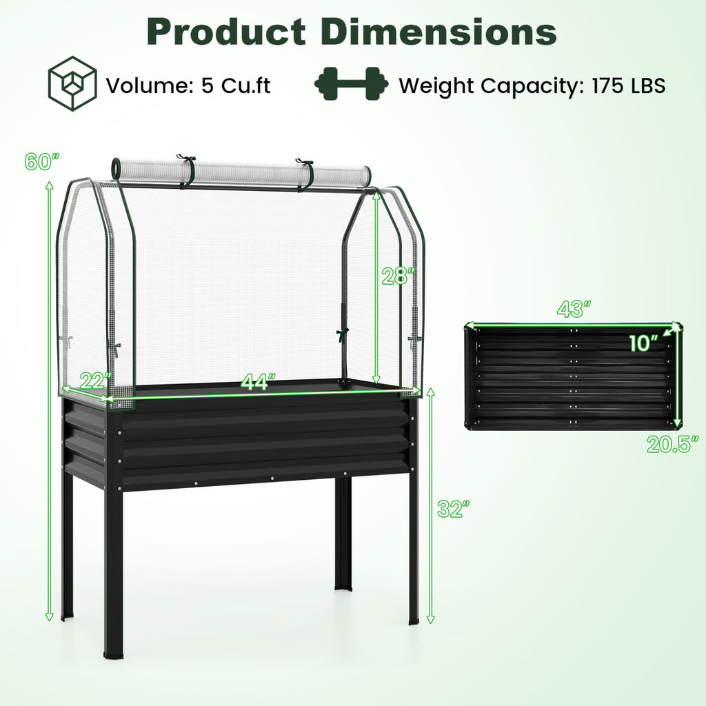 Galvanized Raised Garden Bed with Greenhouse Cover - Black