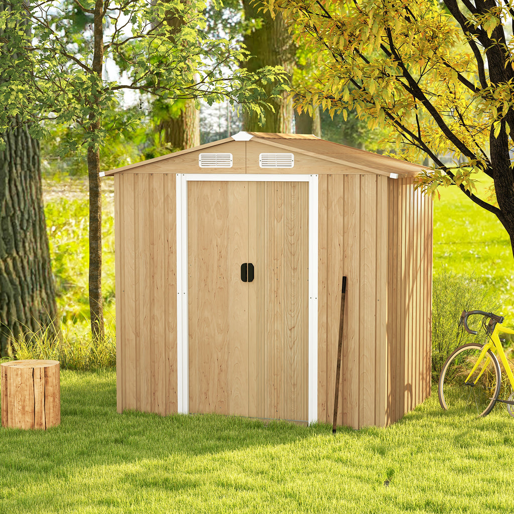 6 x 4 Feet Galvanized Steel Storage Shed with Lockable Sliding Doors - Natural