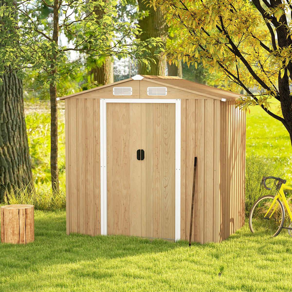 6 x 4 Feet Galvanized Steel Storage Shed with Lockable Sliding Doors - Natural
