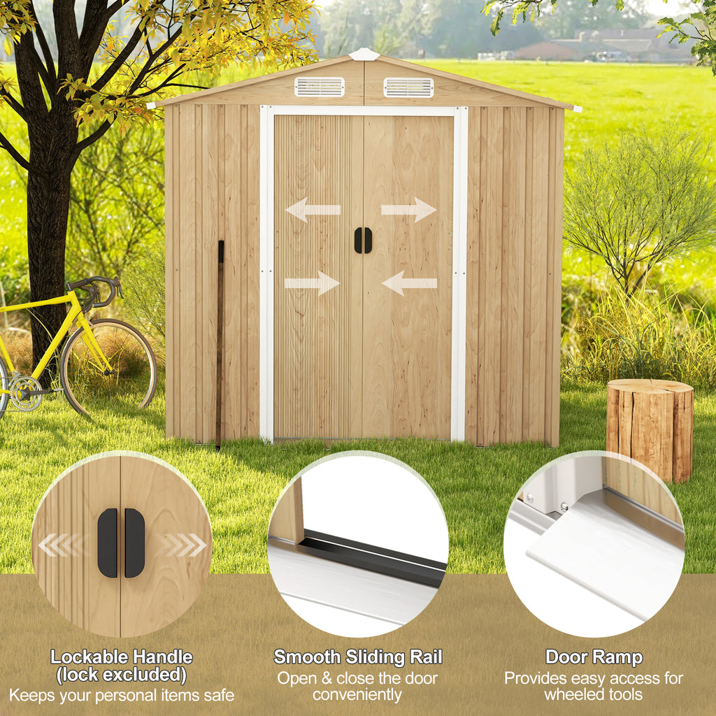 6 x 4 Feet Galvanized Steel Storage Shed with Lockable Sliding Doors - Natural