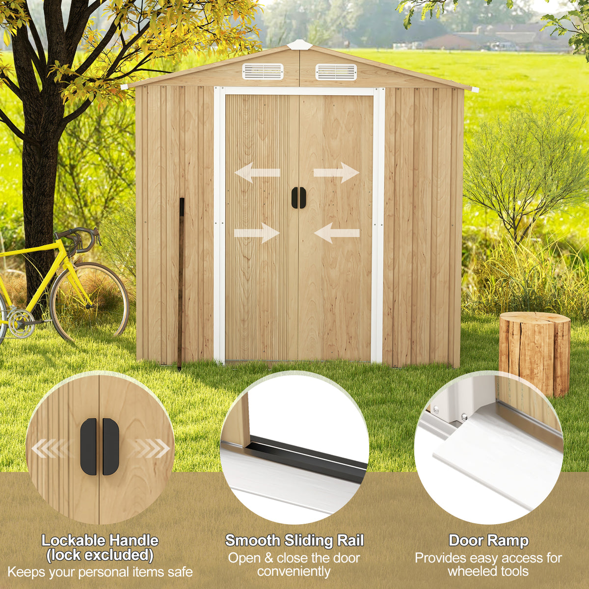 6 x 4 Feet Galvanized Steel Storage Shed with Lockable Sliding Doors - Natural