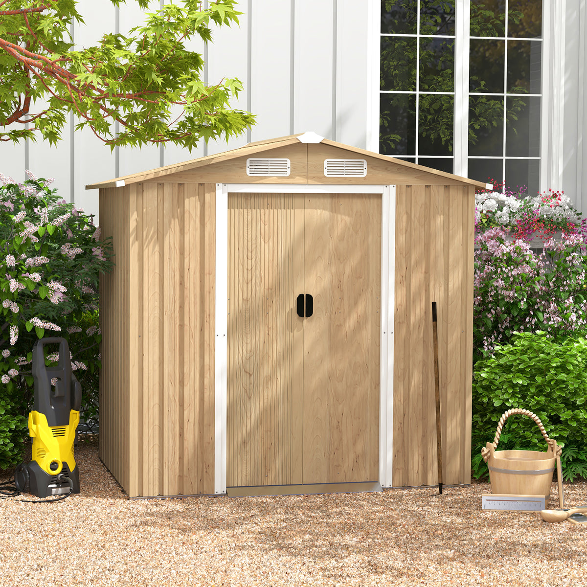 6 x 4 Feet Galvanized Steel Storage Shed with Lockable Sliding Doors - Natural