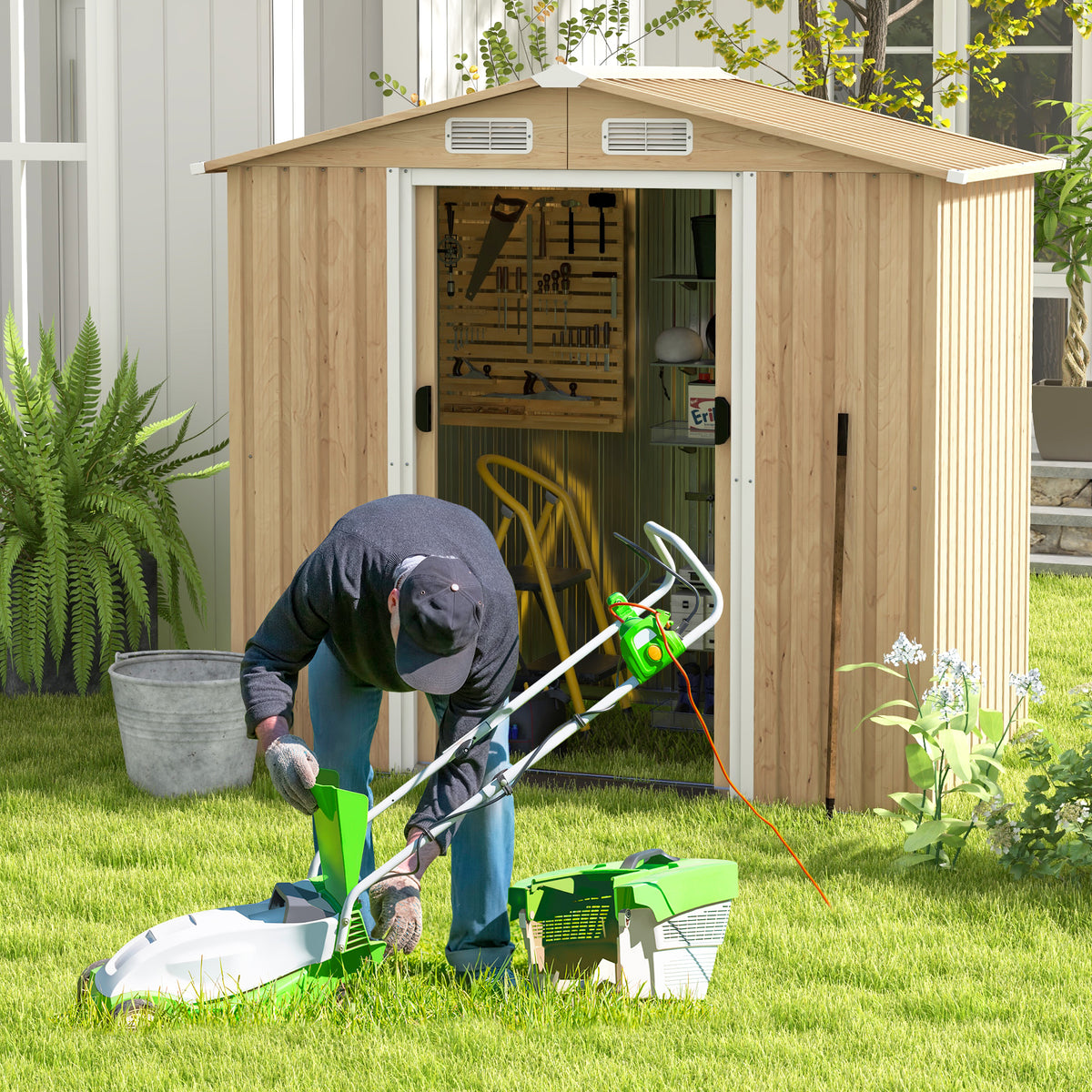 6 x 4 Feet Galvanized Steel Storage Shed with Lockable Sliding Doors - Natural