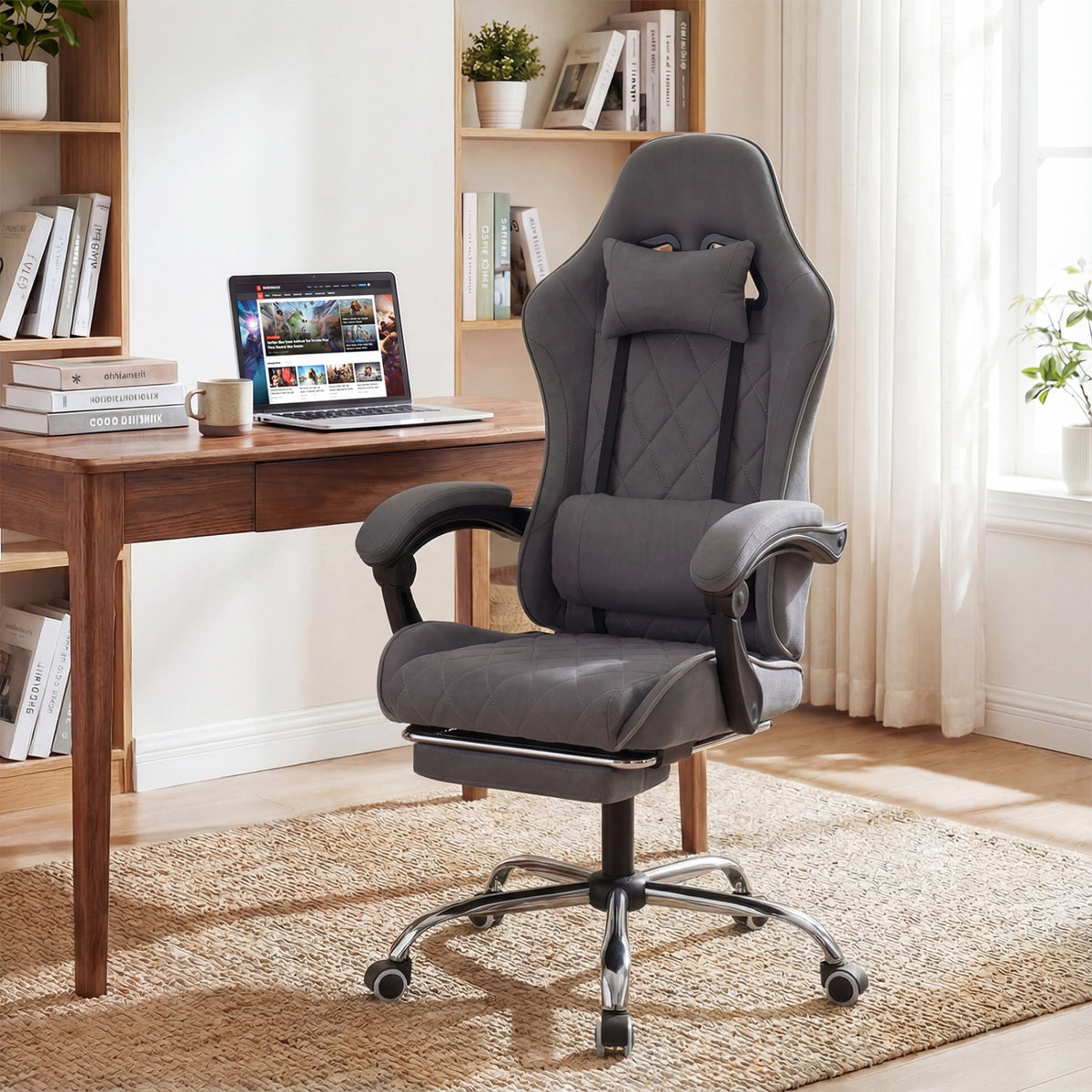Gaming Chair Height Adjustable with Headrest & Lumbar Support - Gray