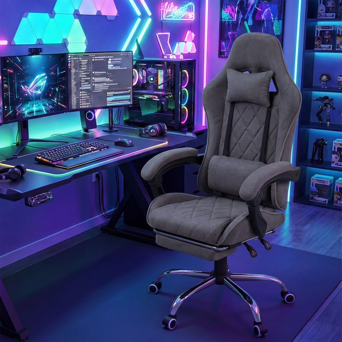 Gaming Chair Height Adjustable with Headrest & Lumbar Support - Gray