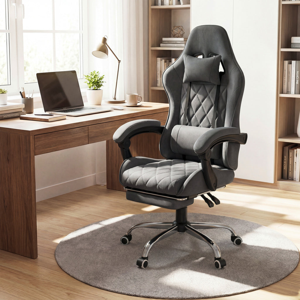Gaming Chair Height Adjustable with Headrest & Lumbar Support - Gray