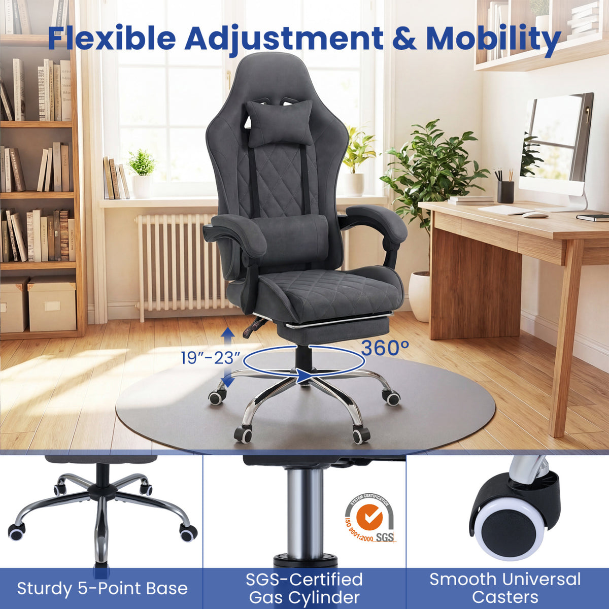 Gaming Chair Height Adjustable with Headrest & Lumbar Support - Gray