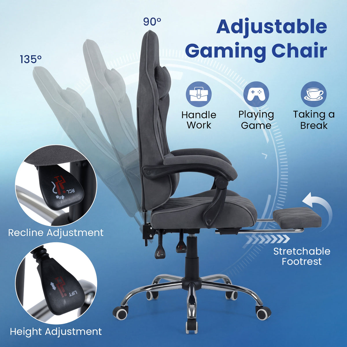 Gaming Chair Height Adjustable with Headrest & Lumbar Support - Gray