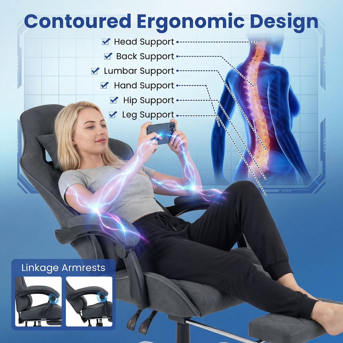 Gaming Chair Height Adjustable with Headrest & Lumbar Support - Gray
