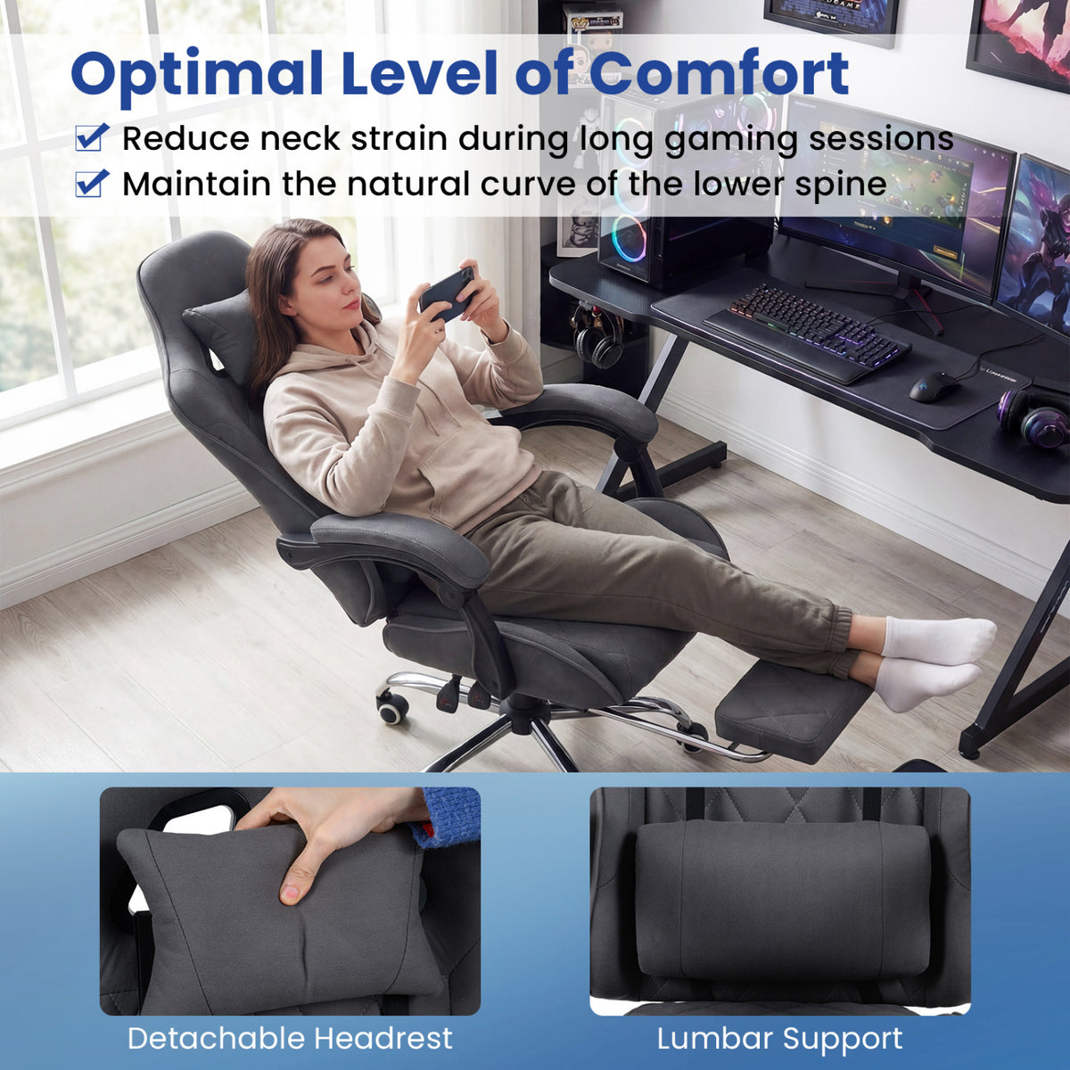 Gaming Chair Height Adjustable with Headrest & Lumbar Support - Gray
