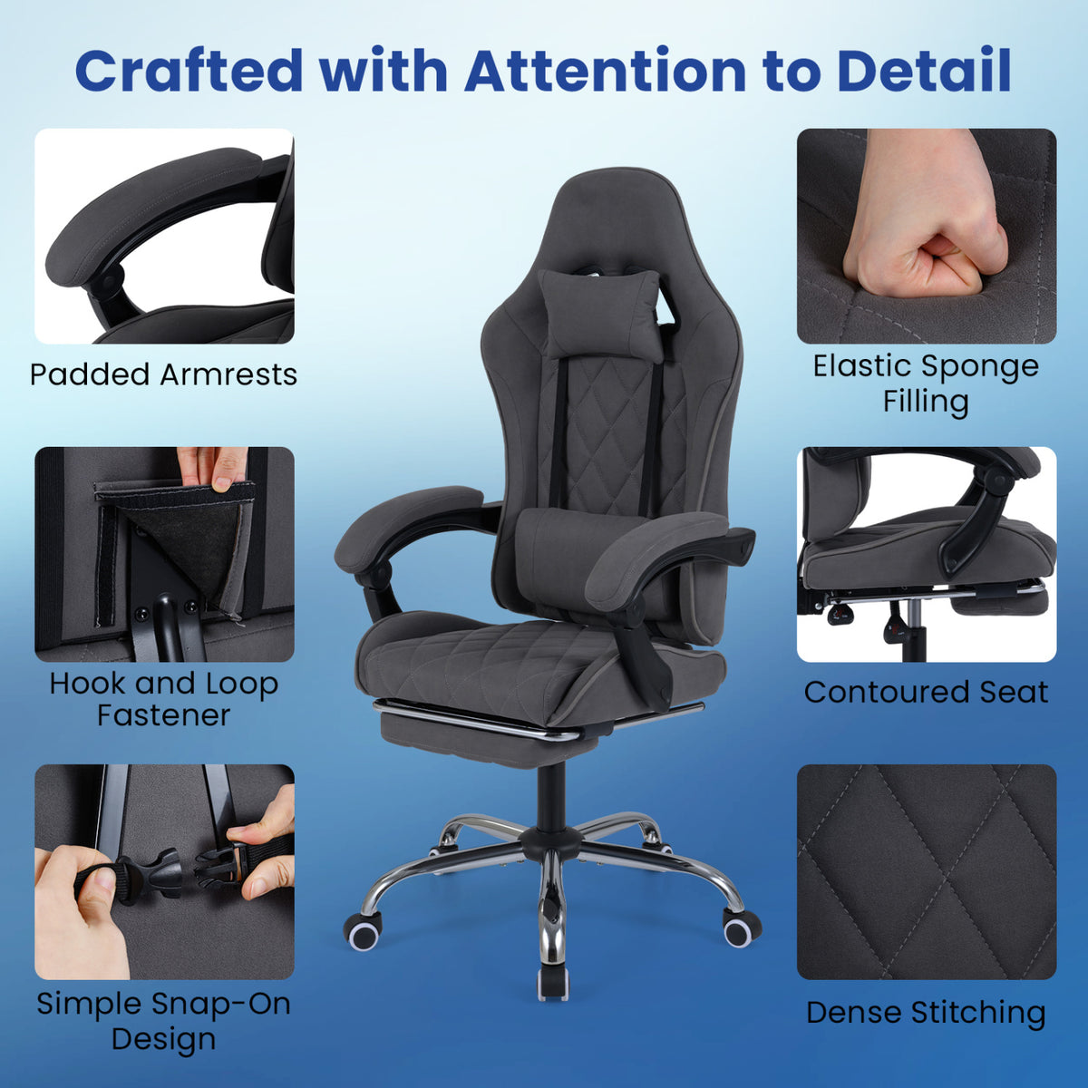 Gaming Chair Height Adjustable with Headrest & Lumbar Support - Gray