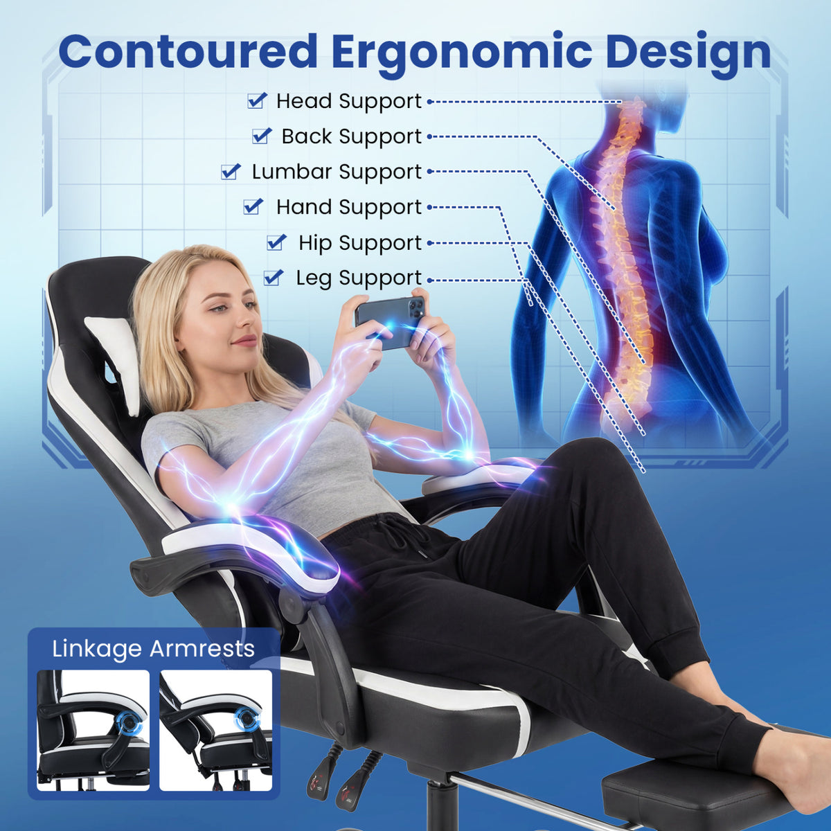 Ergonomic Gaming Chair with Headrest & Lumbar Support - Style E, Black