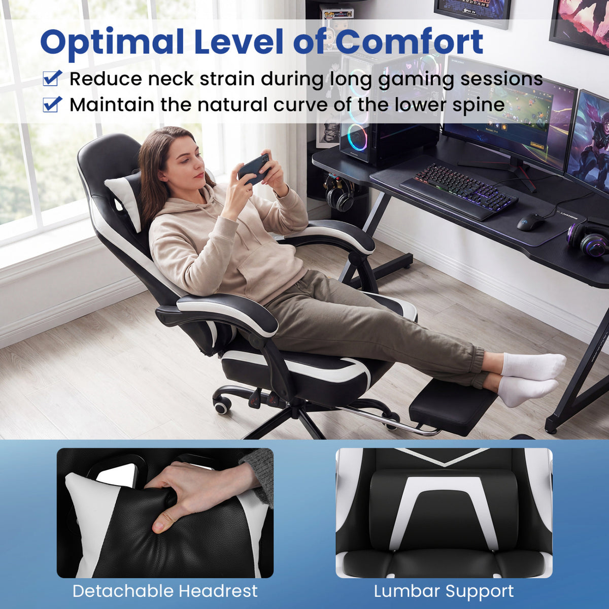 Ergonomic Gaming Chair with Headrest & Lumbar Support - Style E, Black