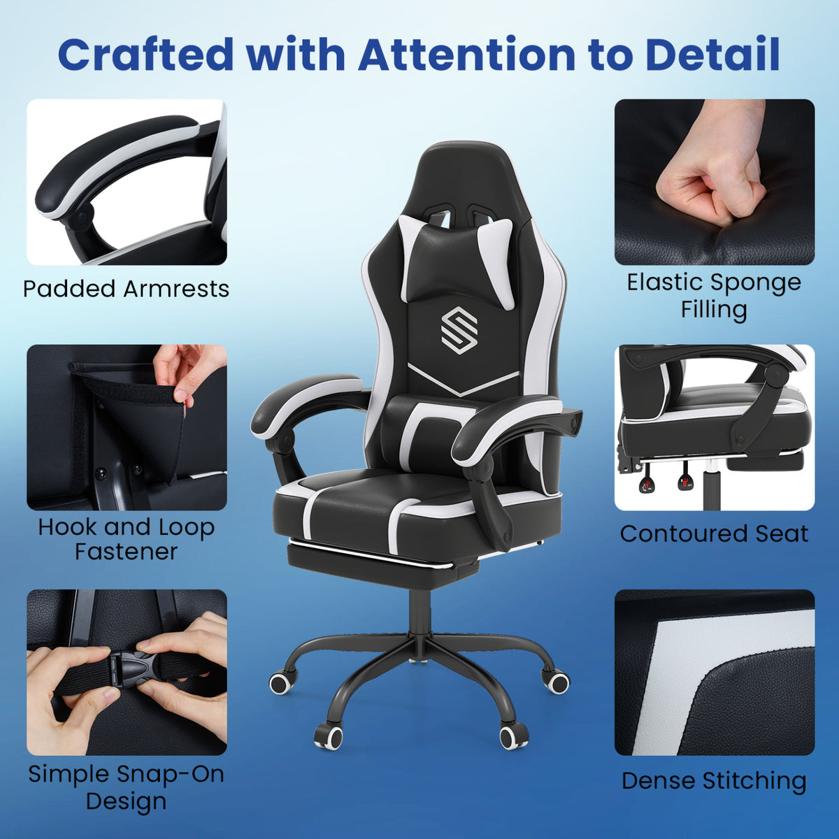 Ergonomic Gaming Chair with Headrest & Lumbar Support - Style E, Black