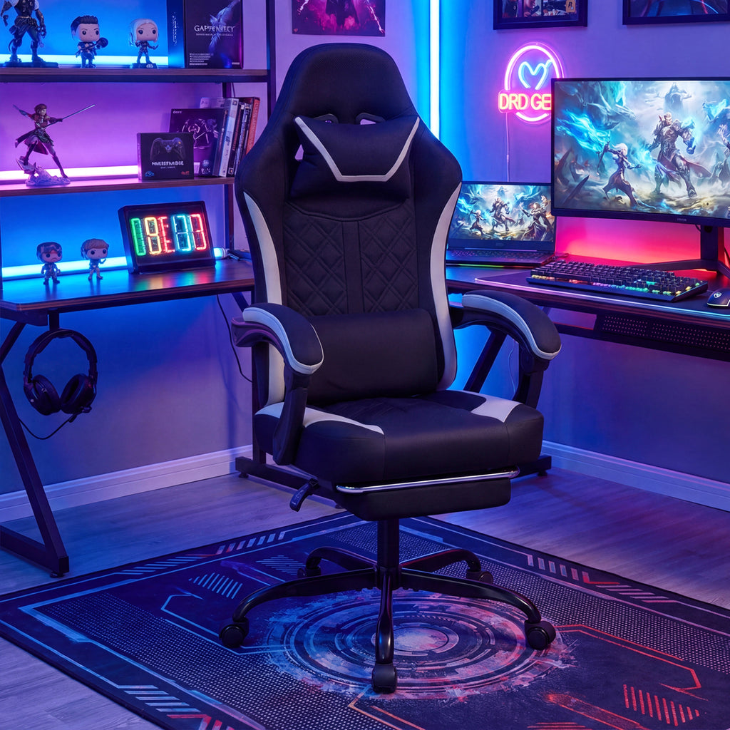 Gaming Chair Height Adjustable with Headrest Footrest - Style D, Black