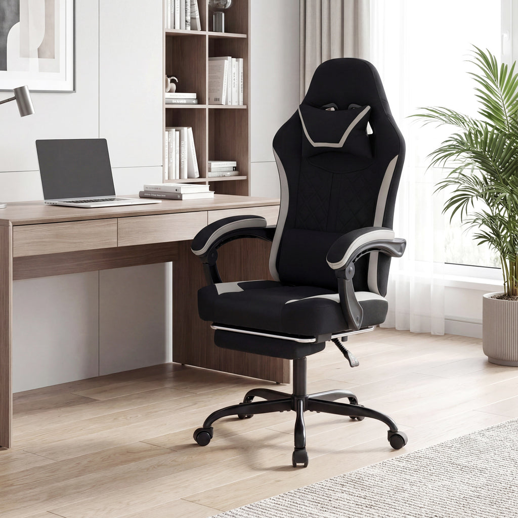 Gaming Chair Height Adjustable with Headrest Footrest - Style D, Black
