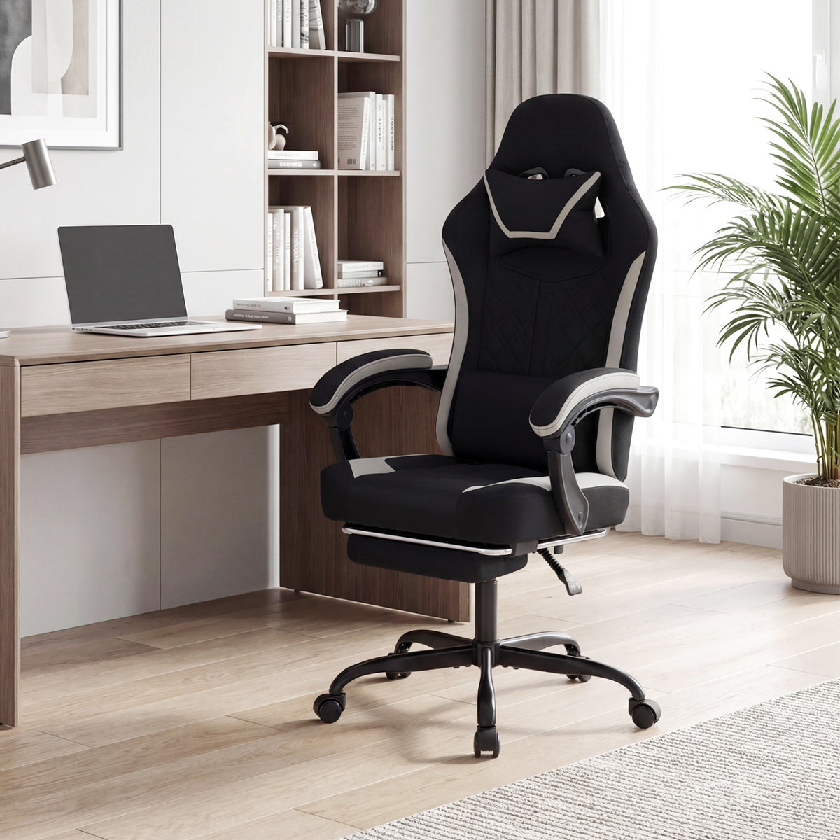 Gaming Chair Height Adjustable with Headrest Footrest - Style D, Black