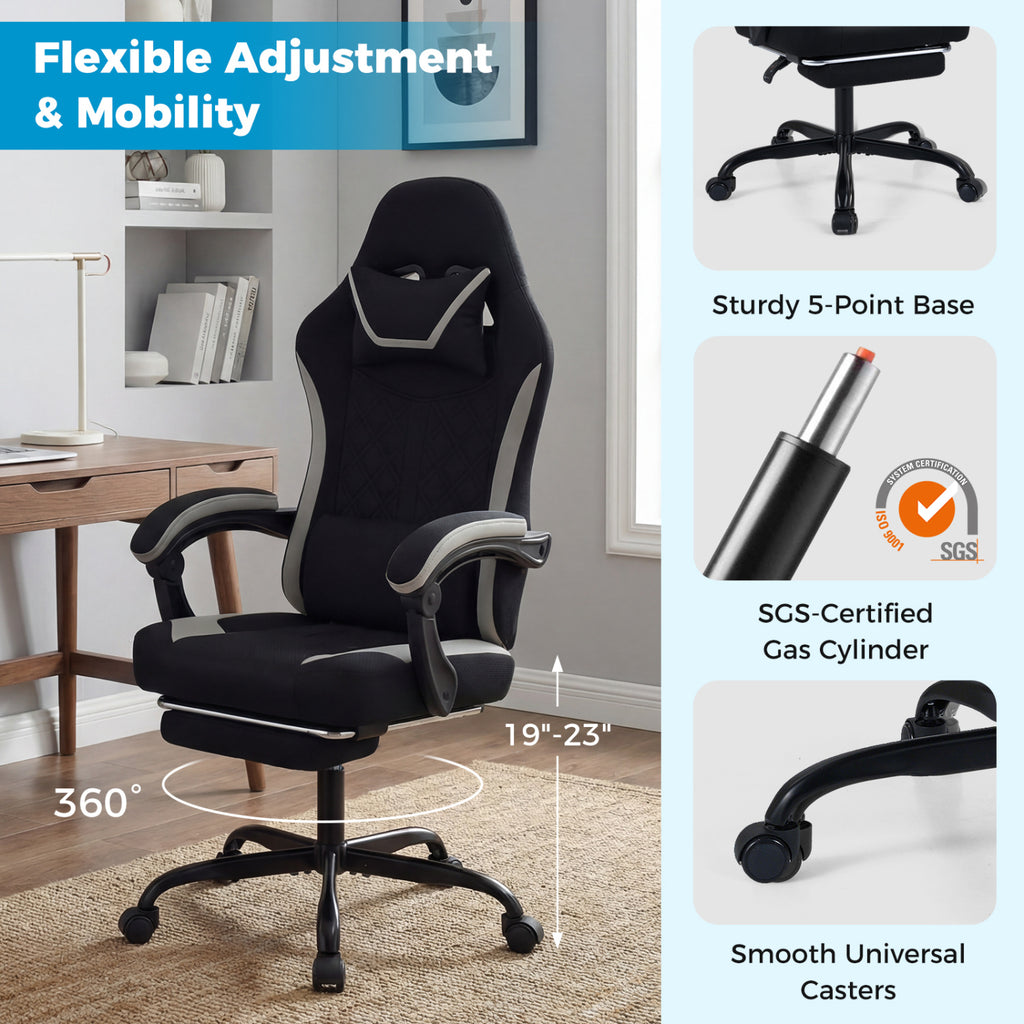 Gaming Chair Height Adjustable with Headrest Footrest - Style D, Black