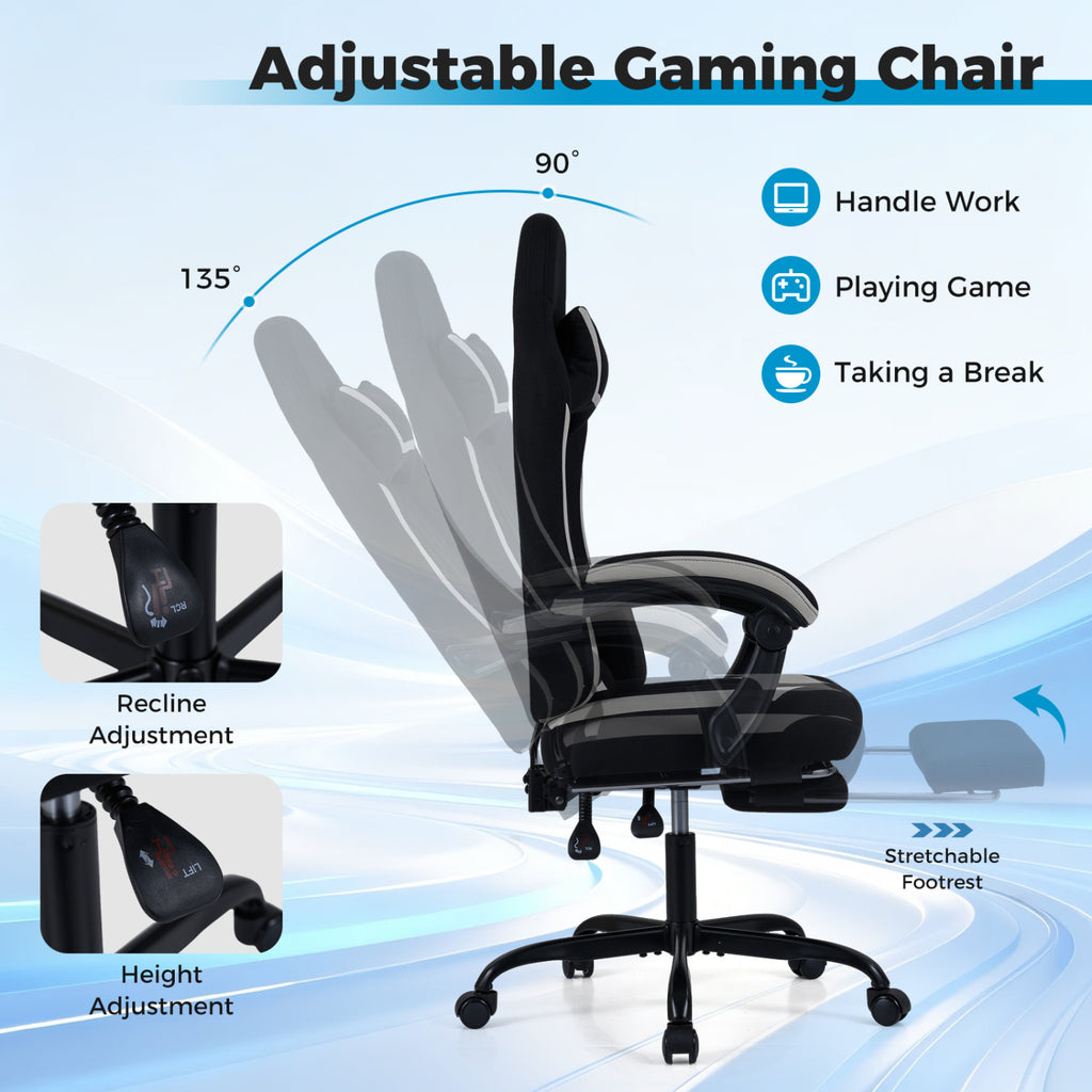 Gaming Chair Height Adjustable with Headrest Footrest - Style D, Black