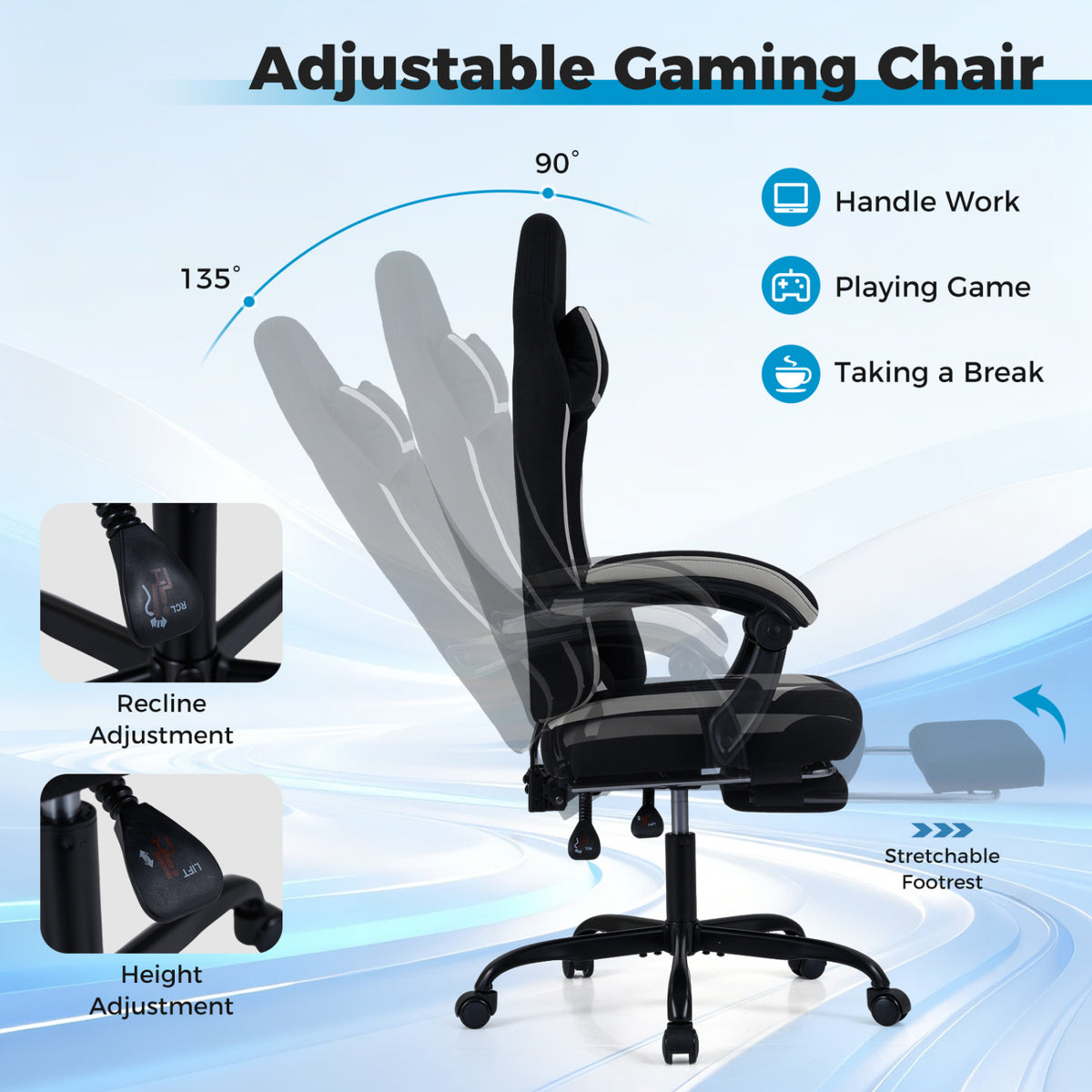 Gaming Chair Height Adjustable with Headrest Footrest - Style D, Black