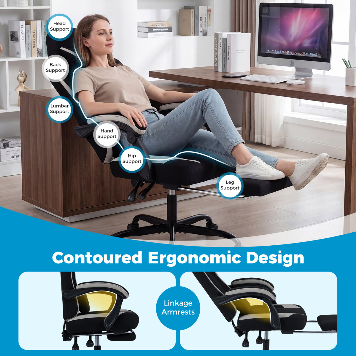 Gaming Chair Height Adjustable with Headrest Footrest - Style D, Black
