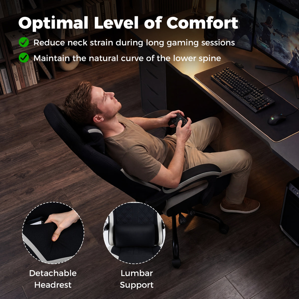 Gaming Chair Height Adjustable with Headrest Footrest - Style D, Black