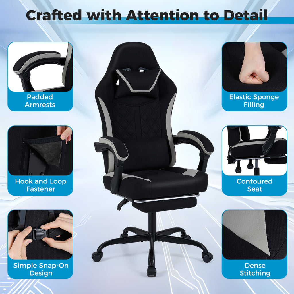 Gaming Chair Height Adjustable with Headrest Footrest - Style D, Black