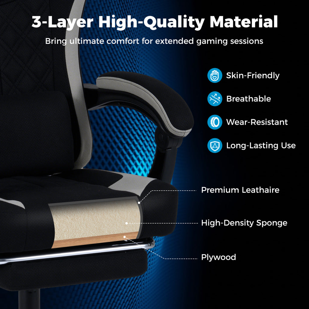 Gaming Chair Height Adjustable with Headrest Footrest - Style D, Black