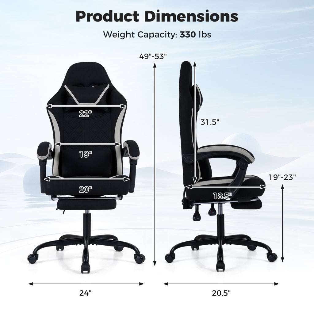 Gaming Chair Height Adjustable with Headrest Footrest - Style D, Black