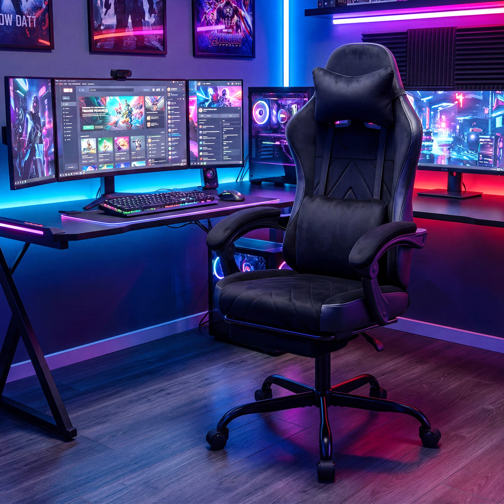 Gaming Chair with Headrest Lumbar Support - Style C, Black