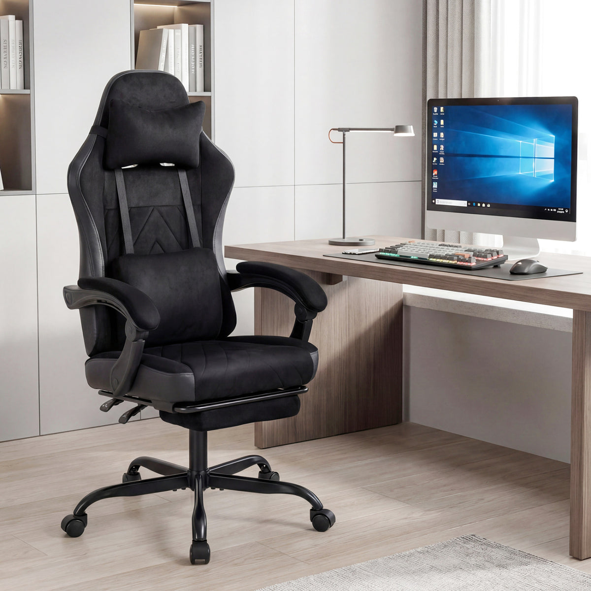 Gaming Chair with Headrest Lumbar Support - Style C, Black