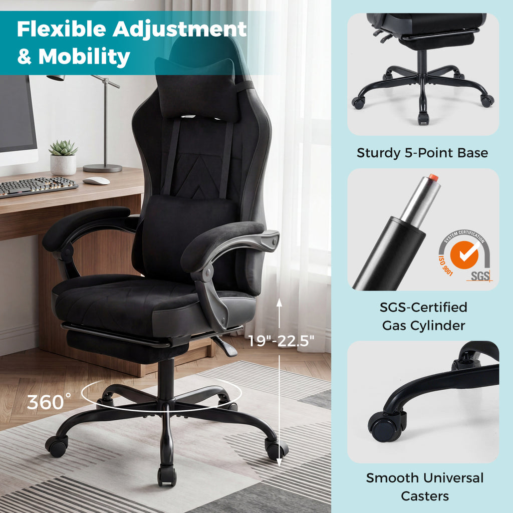 Gaming Chair with Headrest Lumbar Support - Style C, Black