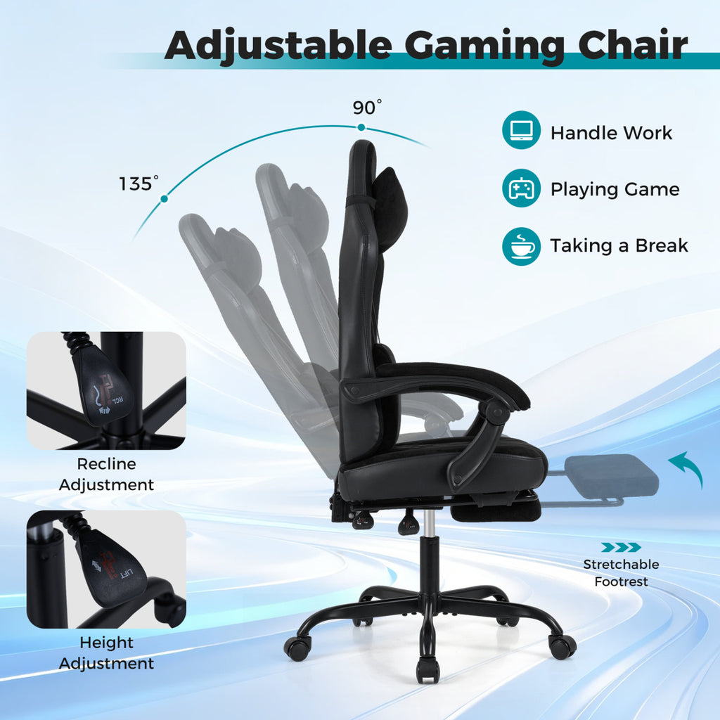 Gaming Chair with Headrest Lumbar Support - Style C, Black