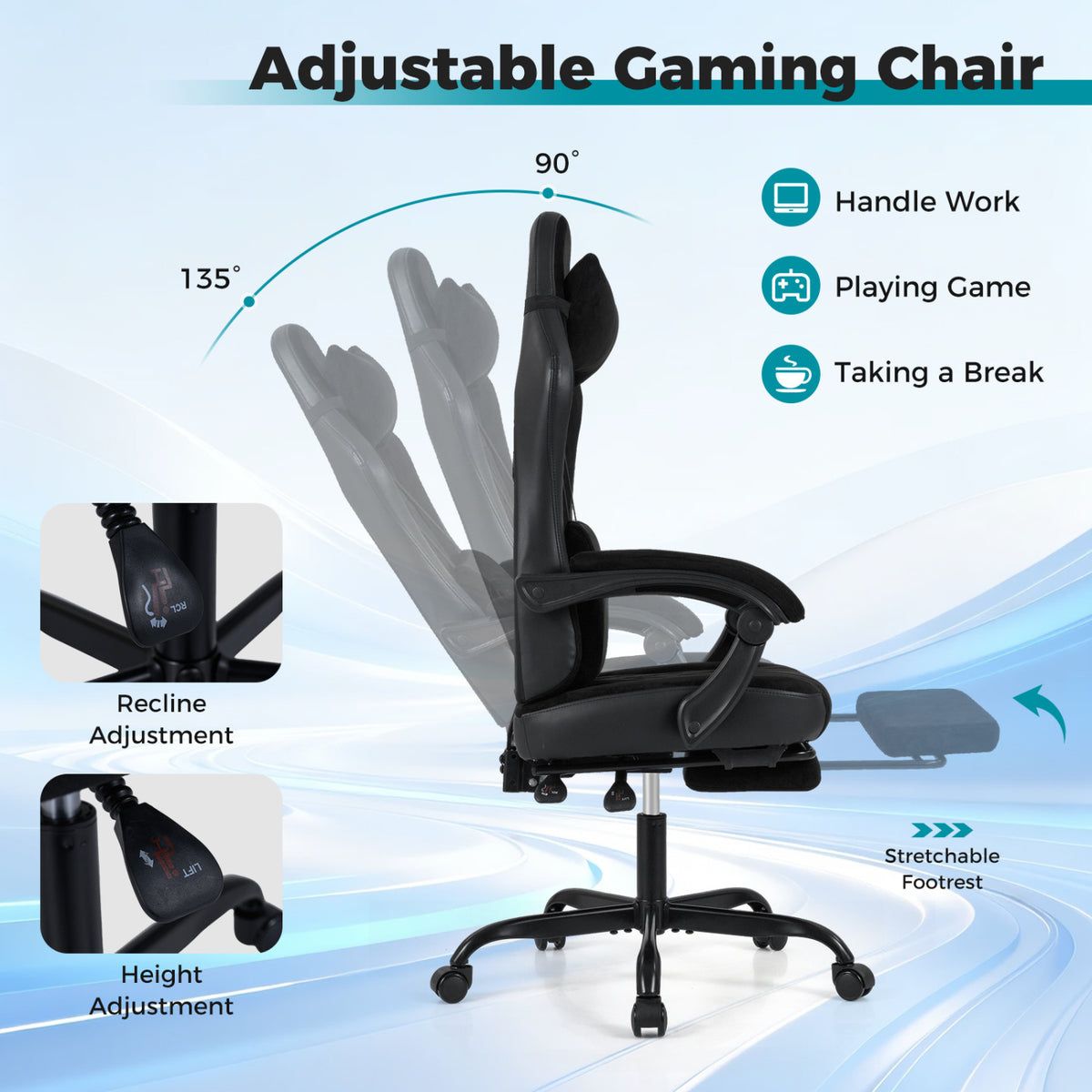 Gaming Chair with Headrest Lumbar Support - Style C, Black