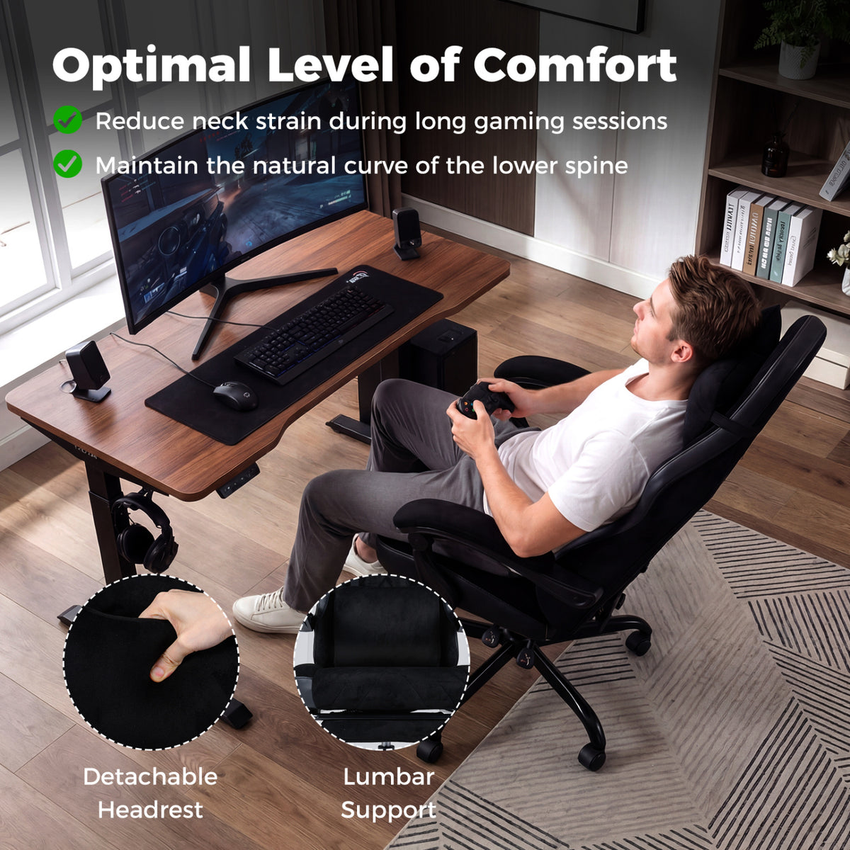 Gaming Chair with Headrest Lumbar Support - Style C, Black