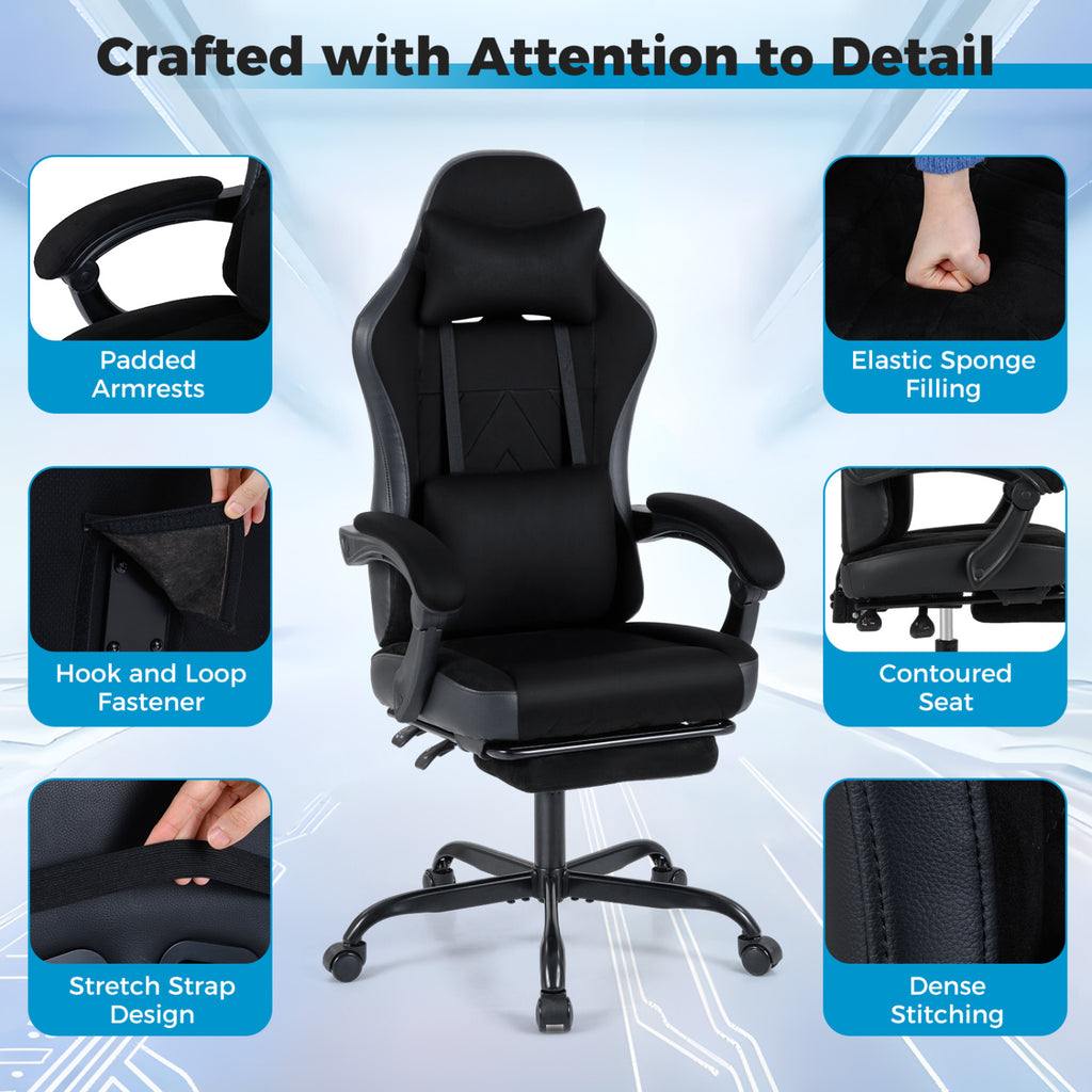 Gaming Chair with Headrest Lumbar Support - Style C, Black
