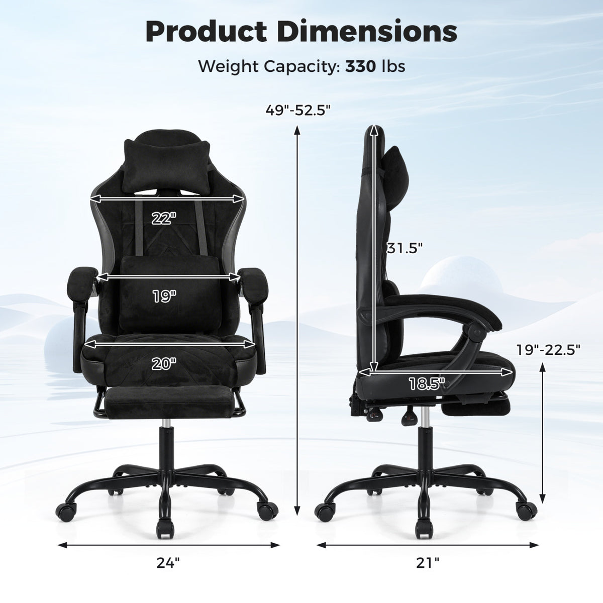 Gaming Chair with Headrest Lumbar Support - Style C, Black