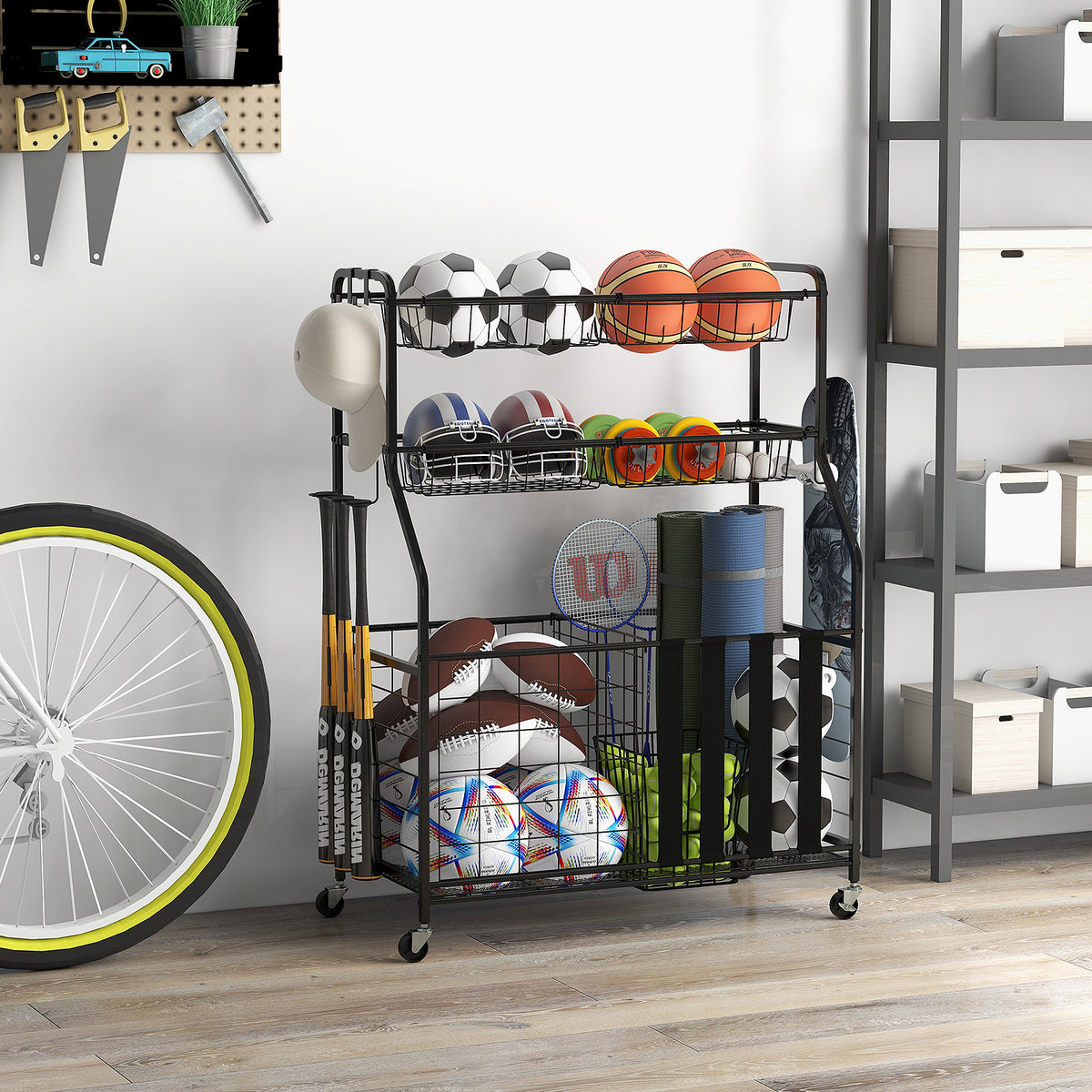 Garage Sports Equipment Organizer with Hooks Baskets & Elastic Straps - Black, Removable Mesh Baskets & Hooks