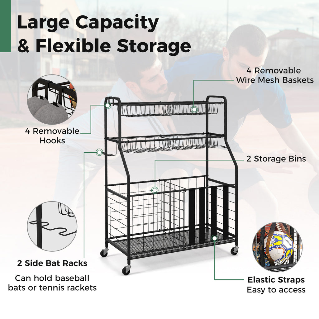 Garage Sports Equipment Organizer with Hooks Baskets & Elastic Straps - Black, Removable Mesh Baskets & Hooks
