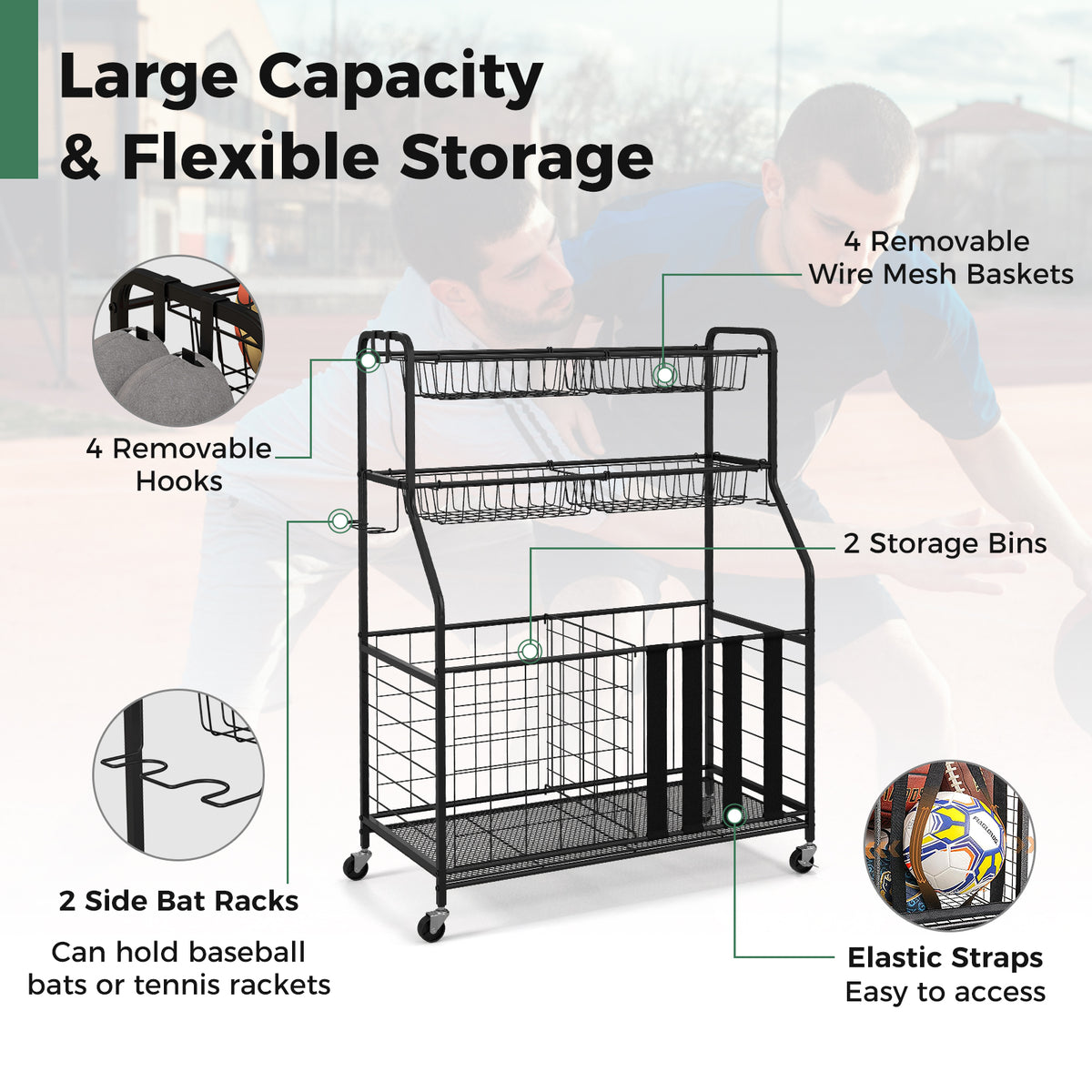 Garage Sports Equipment Organizer with Hooks Baskets & Elastic Straps - Black, Removable Mesh Baskets & Hooks