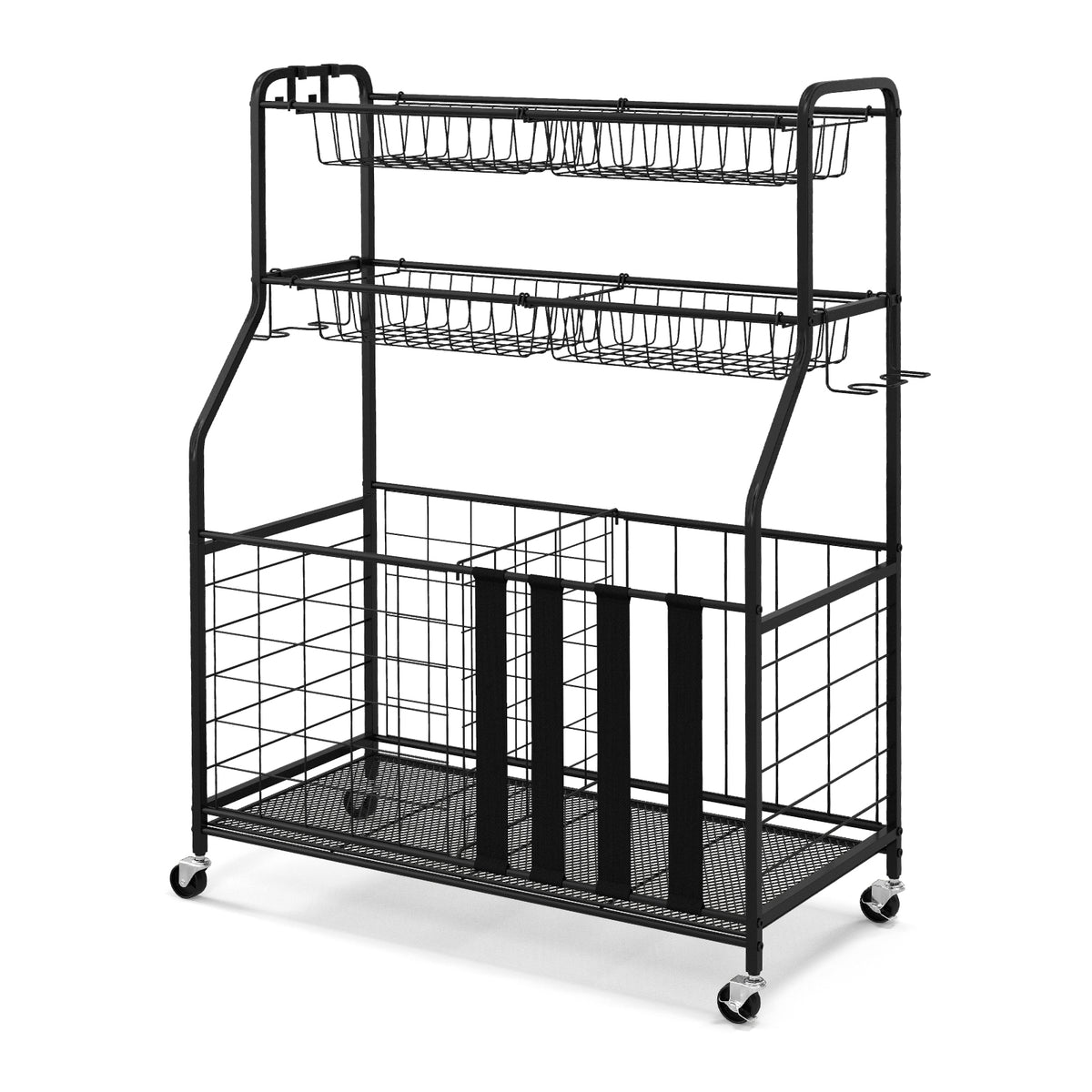 Garage Sports Equipment Organizer with Hooks Baskets & Elastic Straps - Black, Removable Mesh Baskets & Hooks
