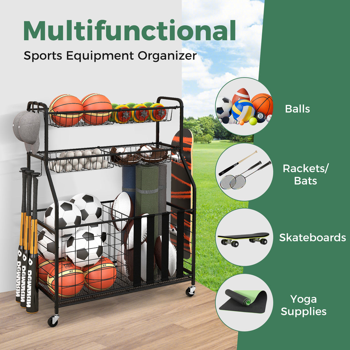 Garage Sports Equipment Organizer with Hooks Baskets & Elastic Straps - Black, Removable Mesh Baskets & Hooks
