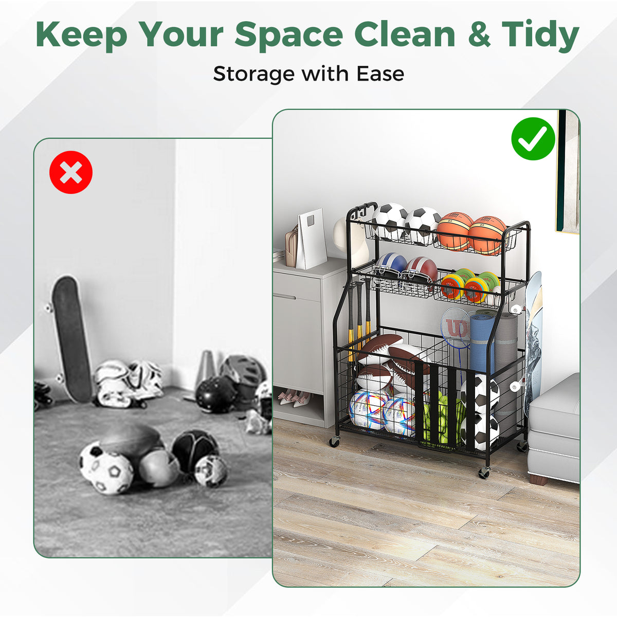 Garage Sports Equipment Organizer with Hooks Baskets & Elastic Straps - Black, Removable Mesh Baskets & Hooks